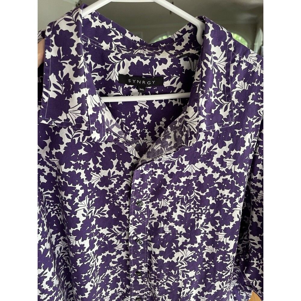 Synrgy Purple White Floral Shirt Short Sleeve Classic Button-Up Cotton Mens 3XL